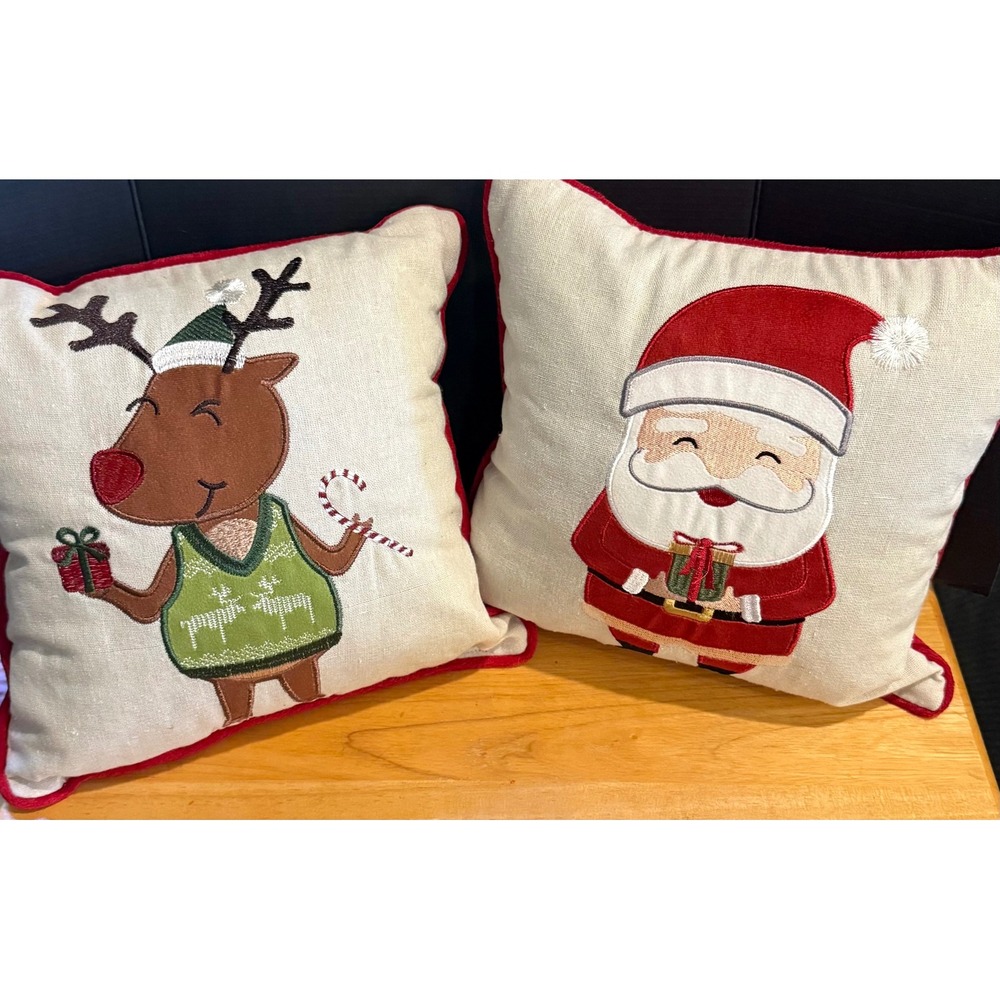 Throw Pillows Red Christmas Holiday Santa Reindeer 8 Inch Set of 2